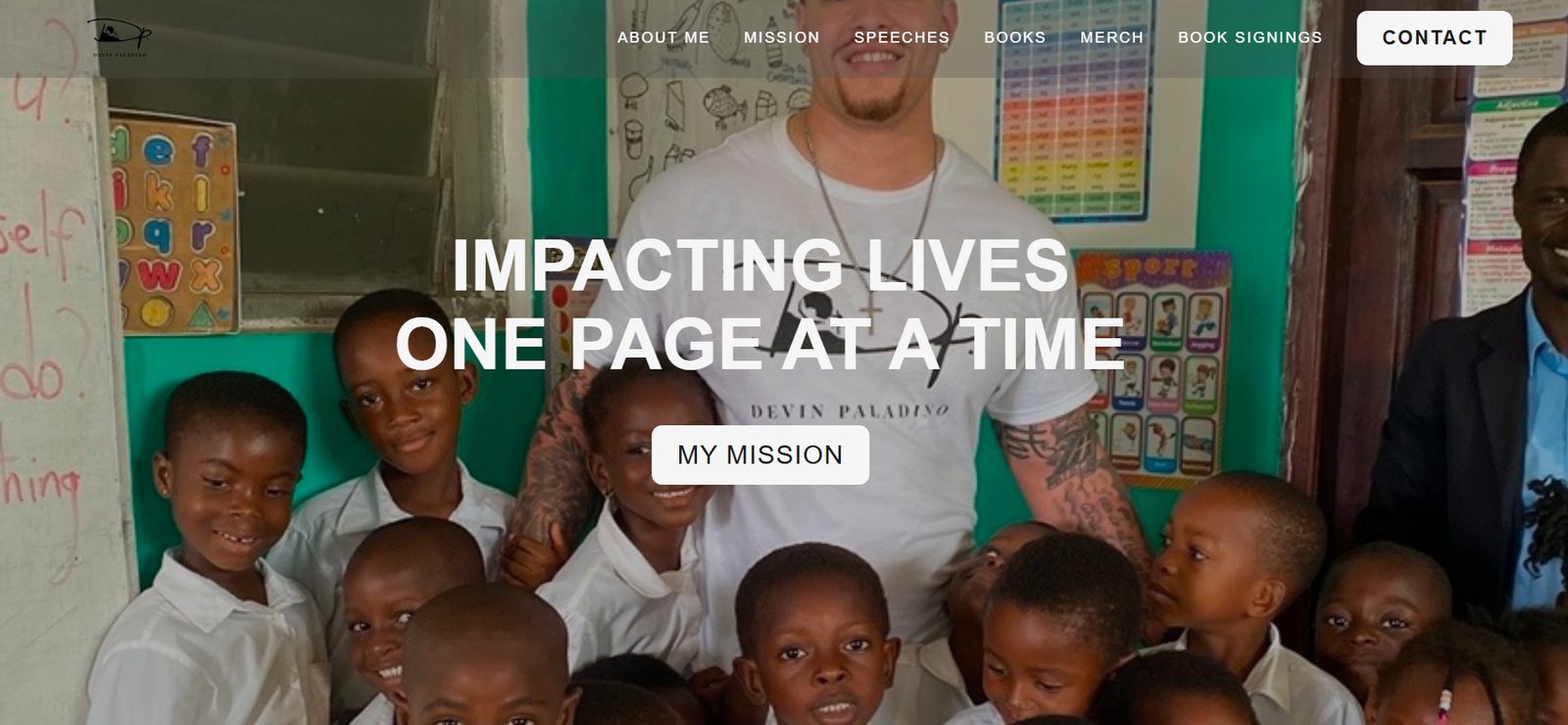 Devin Paladino home page with a full-width photo and headline