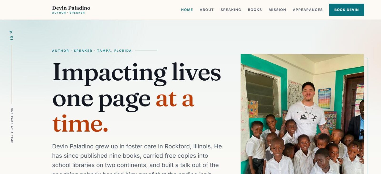 Devin Paladino home page: serif headline beside a photograph of him with schoolchildren