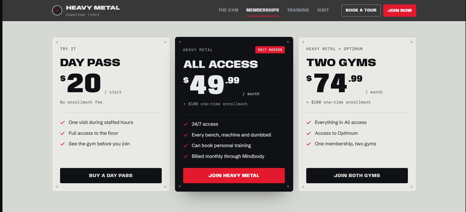 Heavy Metal memberships page: day pass, all access and two-gym plans with prices