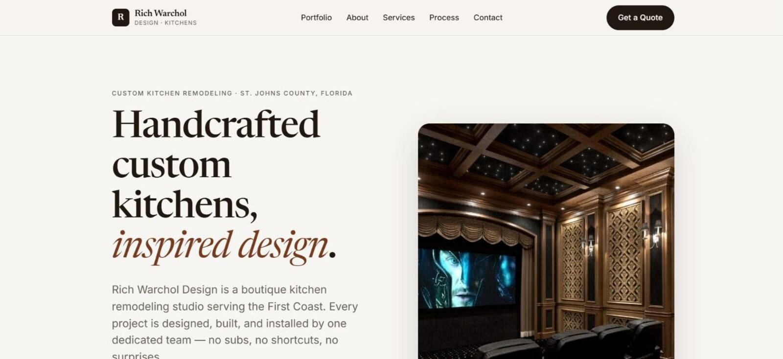 Rich Warchol Design home page: serif headline about handcrafted custom kitchens beside a photograph of a finished room